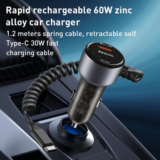 Chargeur de voiture double port Yesido Y56 60W PD + QC3.0 avec câble de données spiralé USB-C / Type-C