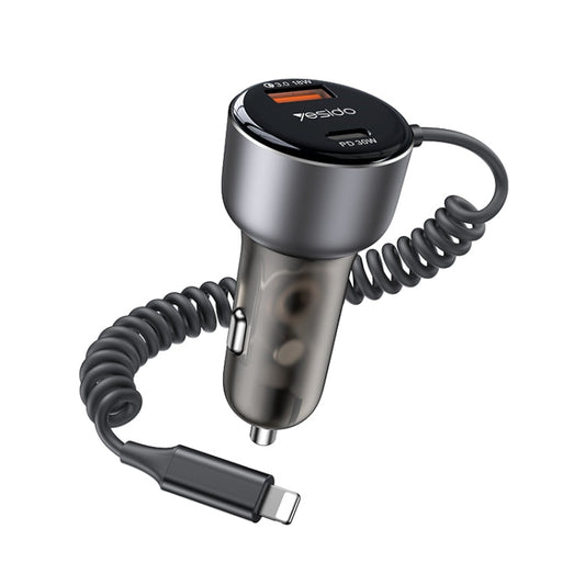 Chargeur de voiture Yesido Y57 50W PD + QC3.0 double port avec câble de données à ressort 8 broches
