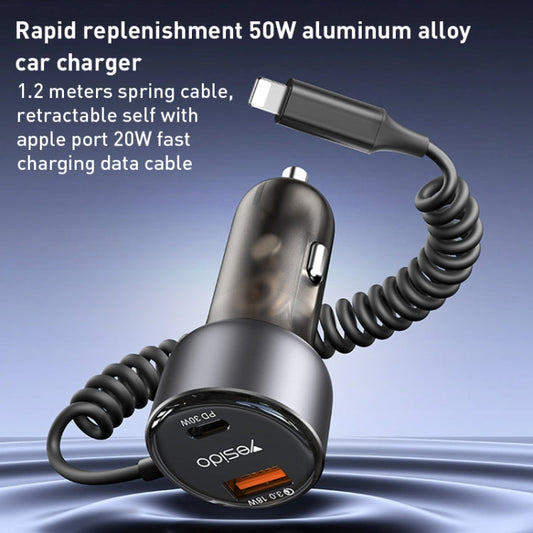 Chargeur de voiture Yesido Y57 50W PD + QC3.0 double port avec câble de données à ressort 8 broches