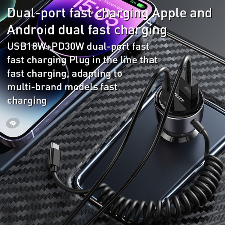 Yesido Y57 50W PD + QC3.0 Dual Port Car Charger with 8 Pin Spring Data Cable