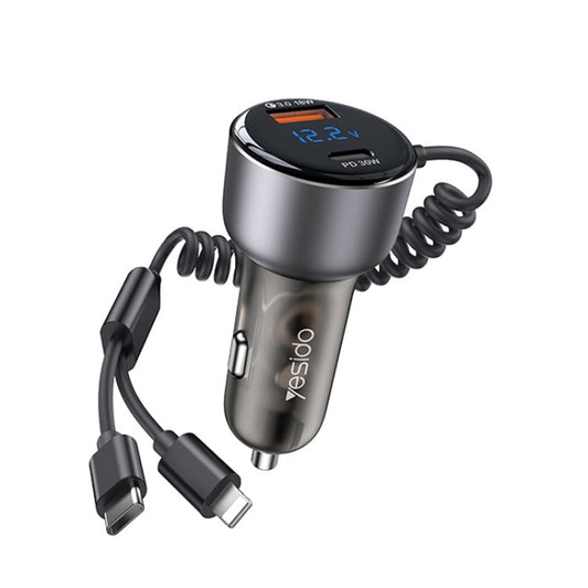 Chargeur rapide de voiture Yesido Y58 60W PD + QC3.0 double port avec câble spiralé USB-C / Type-C + 8 broches