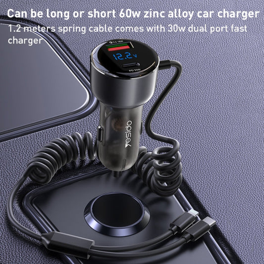 Chargeur rapide de voiture Yesido Y58 60W PD + QC3.0 double port avec câble spiralé USB-C / Type-C + 8 broches