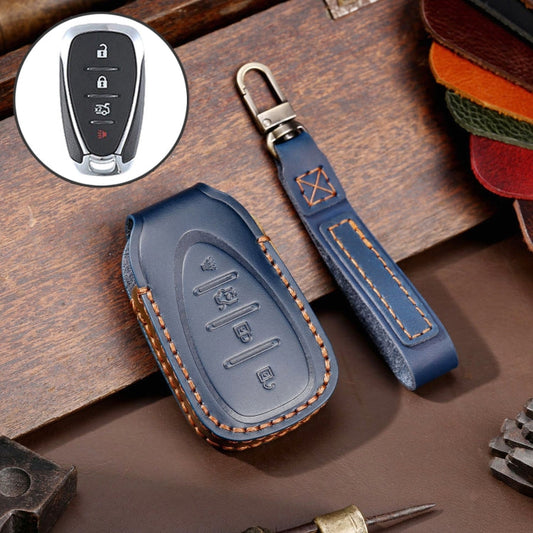 Pour Chevrolet Housse de Protection en Cuir de Vachette Hallmo pour Clé de Voiture à 4 Boutons (Bleu)