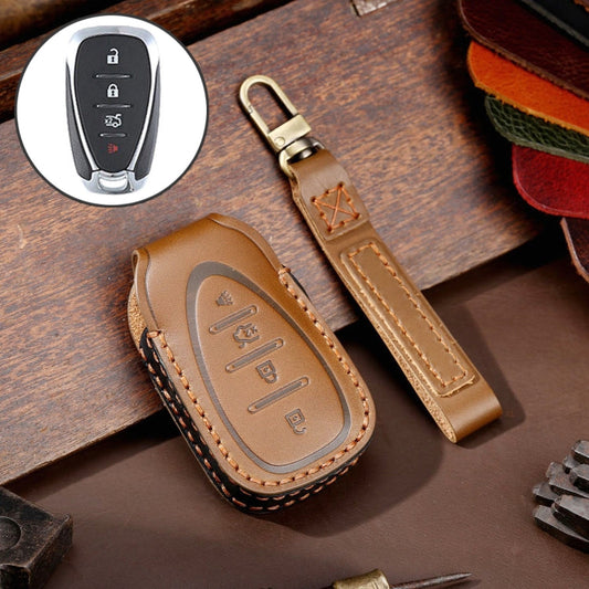 Pour Chevrolet Housse de protection de clé de voiture en cuir de vachette Hallmo 4 boutons (Marron)