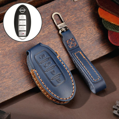 Pour Nissan Housse de Protection de Clé de Voiture en Cuir de Vachette 4 Boutons avec Klaxon Hallmo (Bleu)