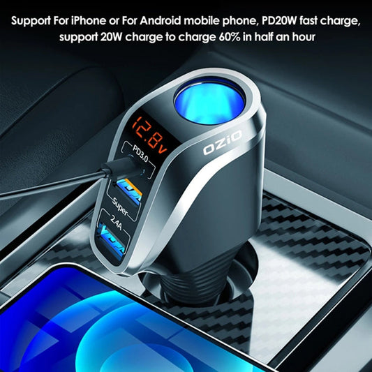 Ozio DY48TC 188W Type-C + USB Dual Port Multi-function Car Charger with Cigarette Lighter (Silver)
