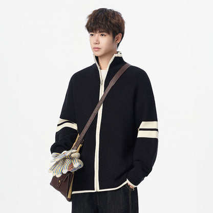 Minimalist Double Stripe Relaxed Fit Zipper Knit Cardigan