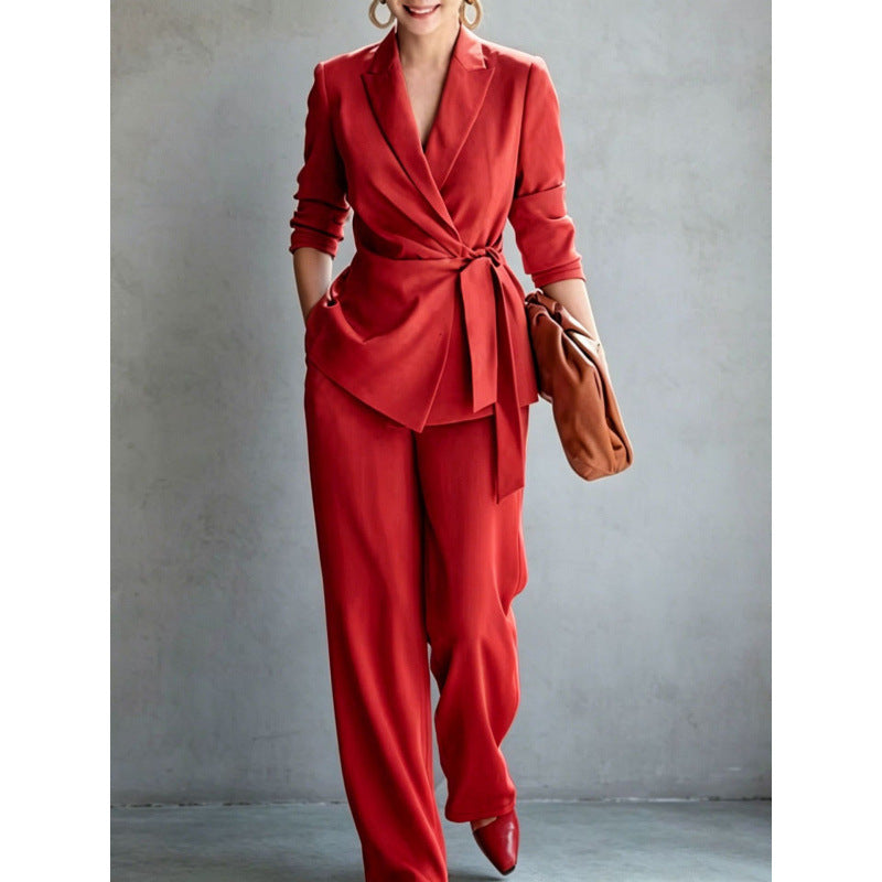 Fashionable Elegant Women's Casual Solid Color Suit Set with Belted Top and Pants