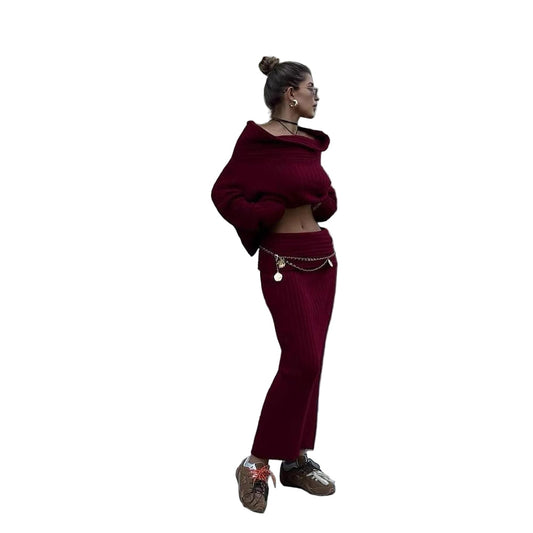 Women’s Winter Knitted Two-Piece Set – Off-Shoulder Sweater & Slim Skirt