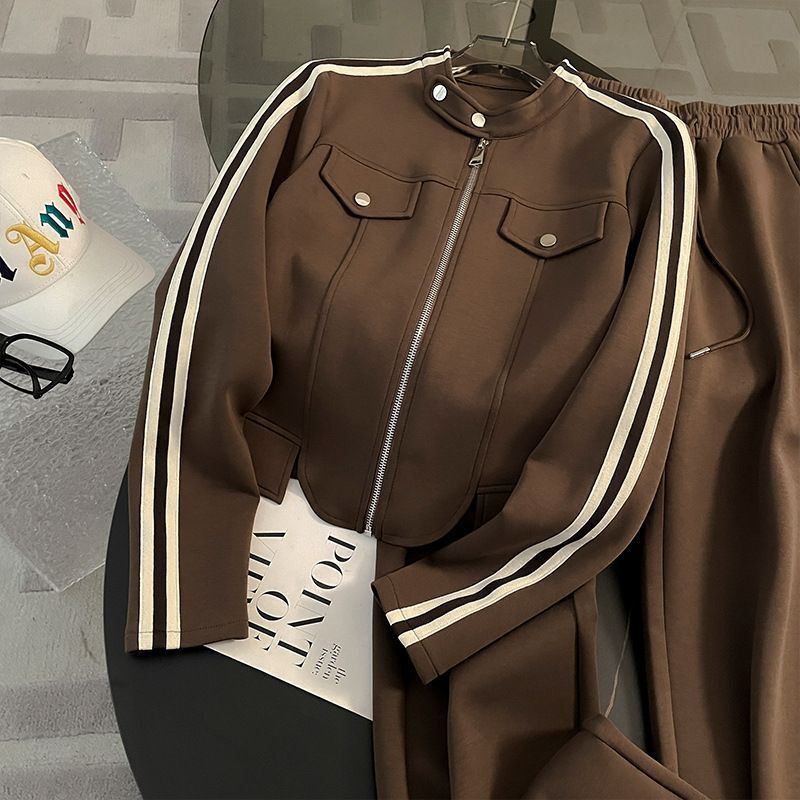 Hoodie with Zipper Jacket and Wide-Leg Pants Two-Piece Set