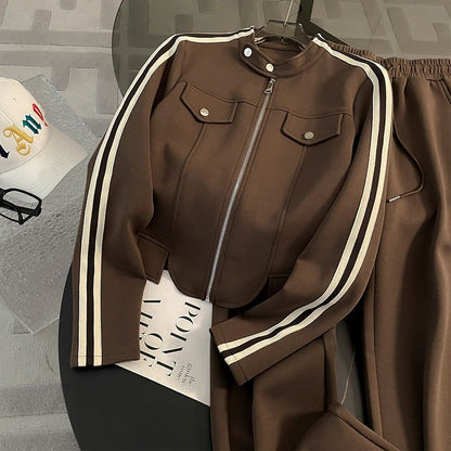 Hoodie with Zipper Jacket and Wide-Leg Pants Two-Piece Set
