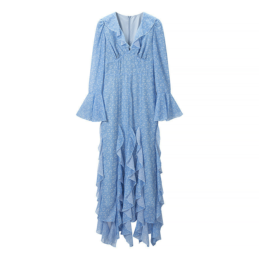 Elegant ruffle edge slim fit and slimming trumpet sleeve dress