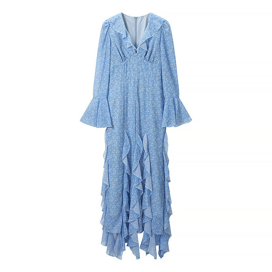 Elegant ruffle edge slim fit and slimming trumpet sleeve dress