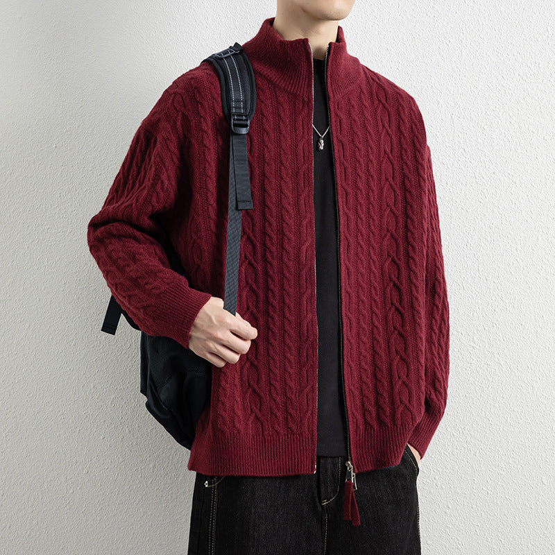 Men's Vintage Cable Knit Zip-Up Cardigan Jacket