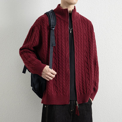 Men's Vintage Cable Knit Zip-Up Cardigan Jacket