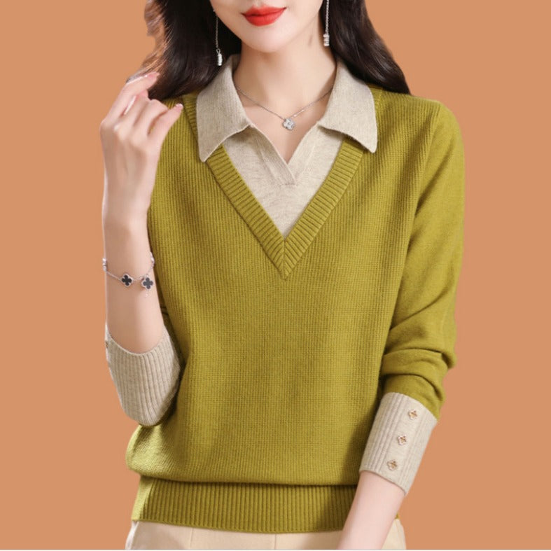 Fake two woolen sweaters women's color blocked base sweater