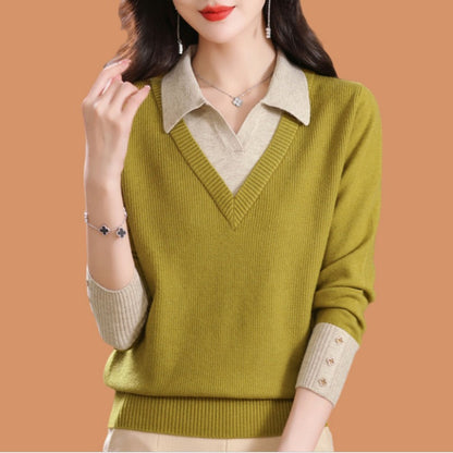 Fake two woolen sweaters women's color blocked base sweater