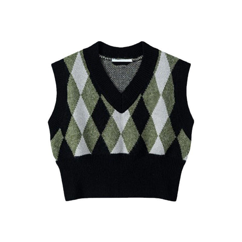 Vintage Diamond Pattern Sleeveless V-Neck Knit Vest
