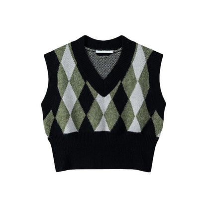 Vintage Diamond Pattern Sleeveless V-Neck Knit Vest