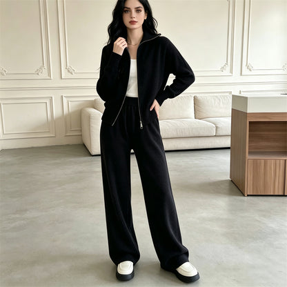 knitted sweater cardigan wide leg pants two-piece set