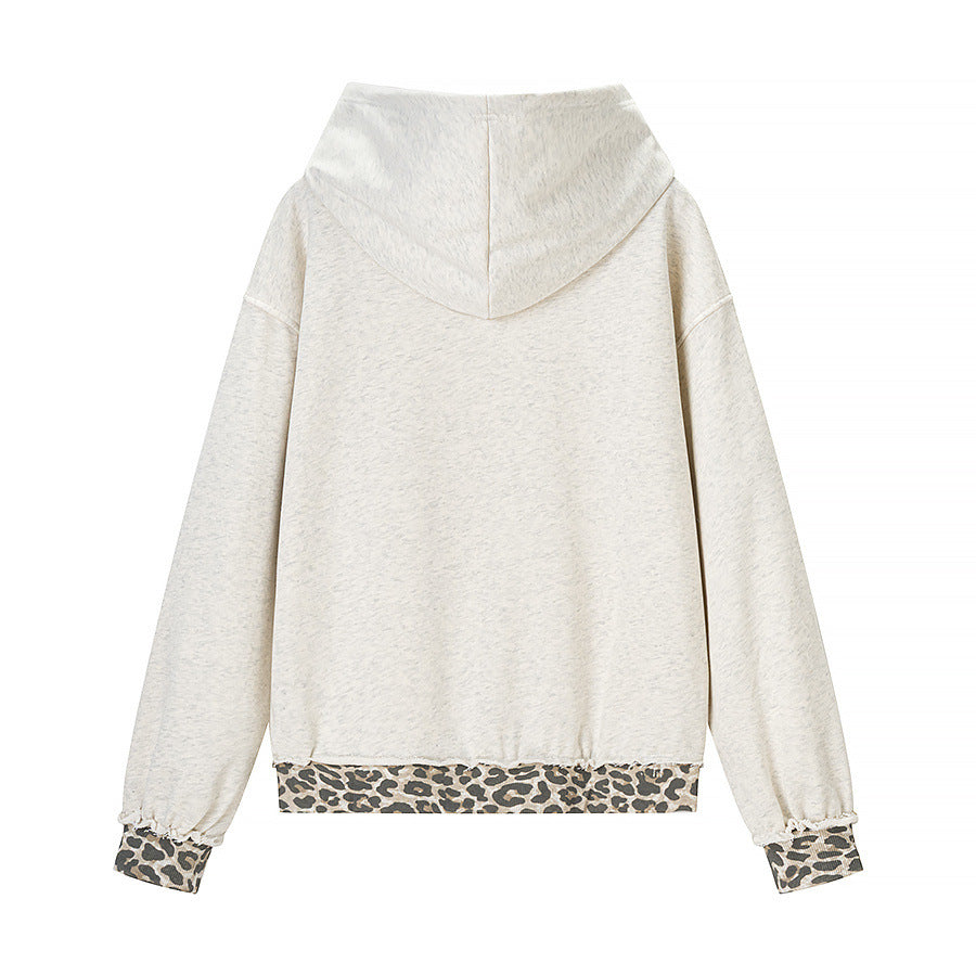 Casual versatile leopard print patchwork ripped hooded sweatshirt