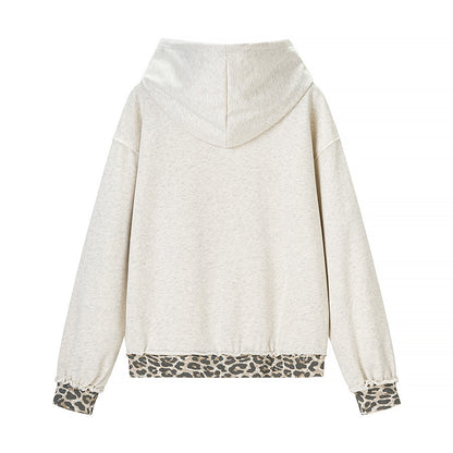 Casual versatile leopard print patchwork ripped hooded sweatshirt