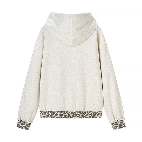 Casual versatile leopard print patchwork ripped hooded sweatshirt