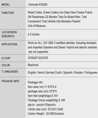 KONNWEI KW309 V309 V310 MS309 Lecteur de code OBD2 Outil de diagnostic (Noir)
