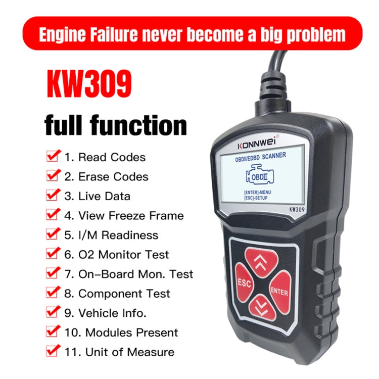 KONNWEI KW309 V309 V310 MS309 Lecteur de code OBD2 Outil de diagnostic (Noir)