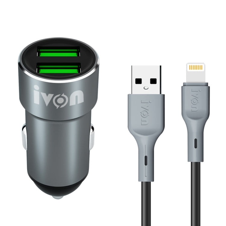 Chargeur de voiture double USB 2,4 A IVON CC38 + câble de données à charge rapide USB vers 8 broches de 1 m