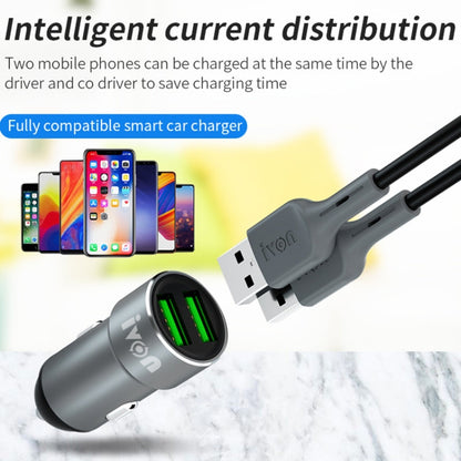 Chargeur de voiture double USB 2,4 A IVON CC38 + câble de données à charge rapide USB vers 8 broches de 1 m