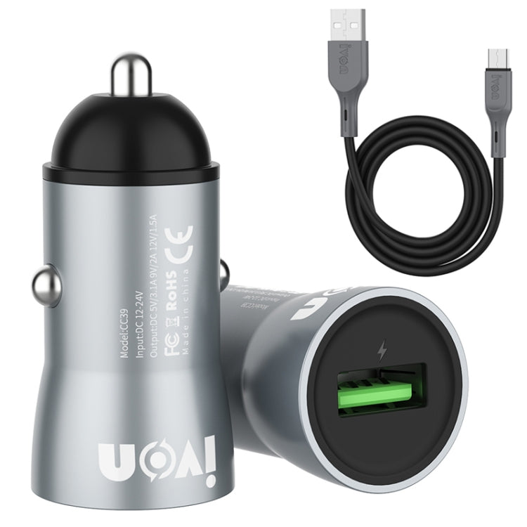IVON CC39 18W 3.1A QC 3.0 Chargeur de voiture USB + Câble de charge rapide USB vers USB-C / Type-C 1m