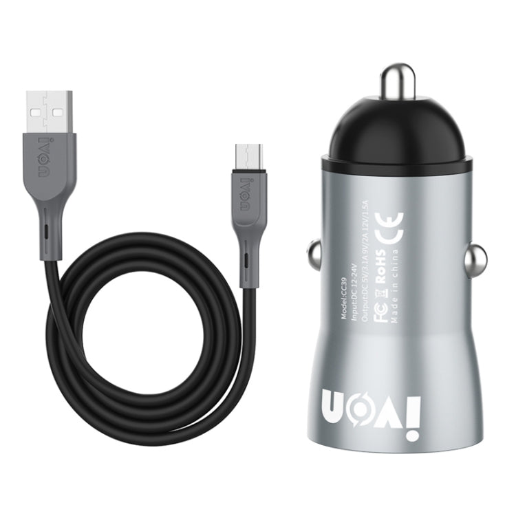 IVON CC39 18W 3.1A QC 3.0 Chargeur de voiture USB + Câble de charge rapide USB vers USB-C / Type-C 1m
