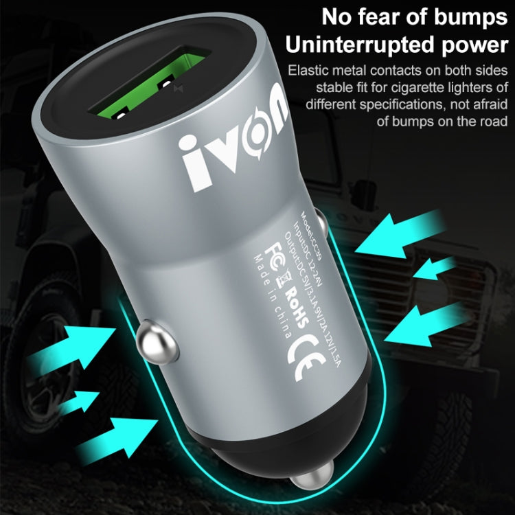 IVON CC39 18W 3.1A QC 3.0 Chargeur de voiture USB + Câble de charge rapide USB vers USB-C / Type-C 1m