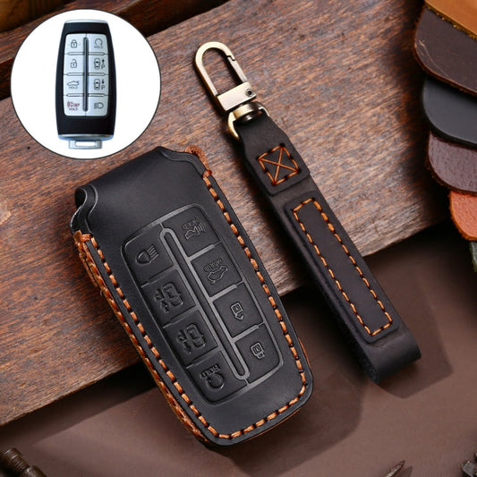 Hallmo Étui de protection pour clé de voiture en cuir de vachette pour Hyundai Rohens Genesis 8 boutons (Noir)