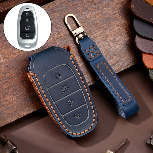 Hallmo Étui de protection pour clé de voiture en cuir de vachette pour Hyundai 4 boutons de démarrage (Bleu)