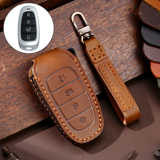 Hallmo Housse de protection en cuir de vachette pour clé de voiture Hyundai 4 boutons (Marron)