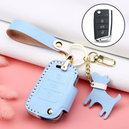 Hallmo Car Female Style Cowhide Leather Key Protective Cover for Volkswagen, B Type Folding(Sky Blue)