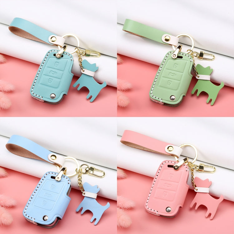 Hallmo Car Female Style Cowhide Leather Key Protective Cover for Volkswagen, B Type Folding(Sky Blue)