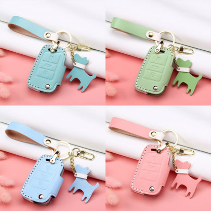 Hallmo Car Female Style Cowhide Leather Key Protective Cover for Volkswagen, B Type Folding(Grass Green)