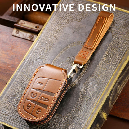 Hallmo Car Genuine Leather Key Protective Cover for Jeep Compass 5-button(Brown)
