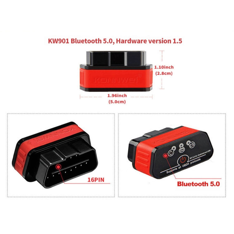 Outil de diagnostic automobile Bluetooth 5.0 OBD2 KONNWEI KW901 pour téléphone Android (noir)