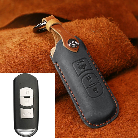 Pour coque de protection en cuir de vachette Hallmo de style ancien pour clé de voiture Mazda, version trois boutons (noir)