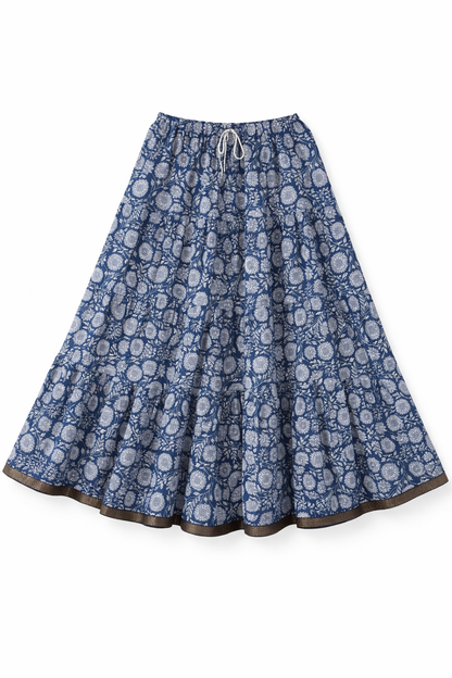 Blue Floral Tiered Cotton Maxi Skirt – Free Size
