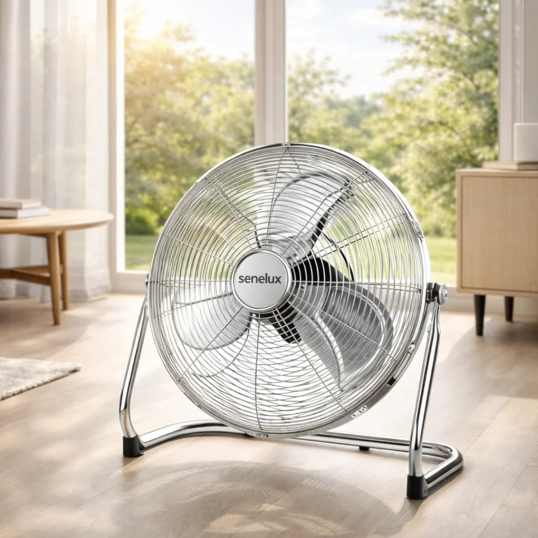 Ventilateur de sol chromé pour maisons, salles de sport, chambres et cuisines | avec 3 vitesses et inclinaison réglable