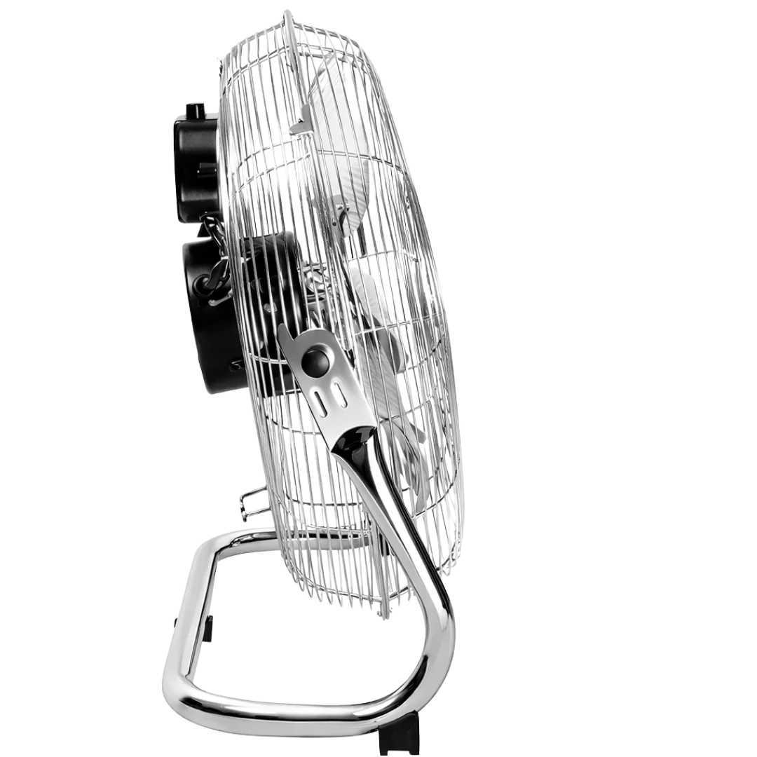 Ventilateur de sol chromé pour maisons, salles de sport, chambres et cuisines | avec 3 vitesses et inclinaison réglable