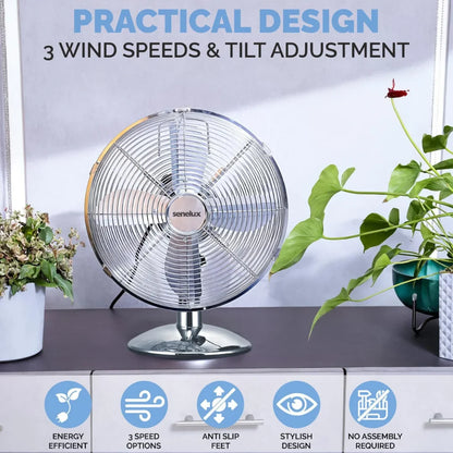 Senelux 12 inch Chrome Desk Fan; Great for Home Cooling and Comfort in Bedrooms, Living Rooms and Offices