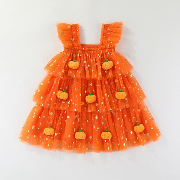 Girls' Halloween Flutter Sleeve Strapless Layered Dress, Ghost Pumpkin Style Holiday Formal Dress