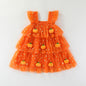 Girls' Halloween Flutter Sleeve Strapless Layered Dress, Ghost Pumpkin Style Holiday Formal Dress