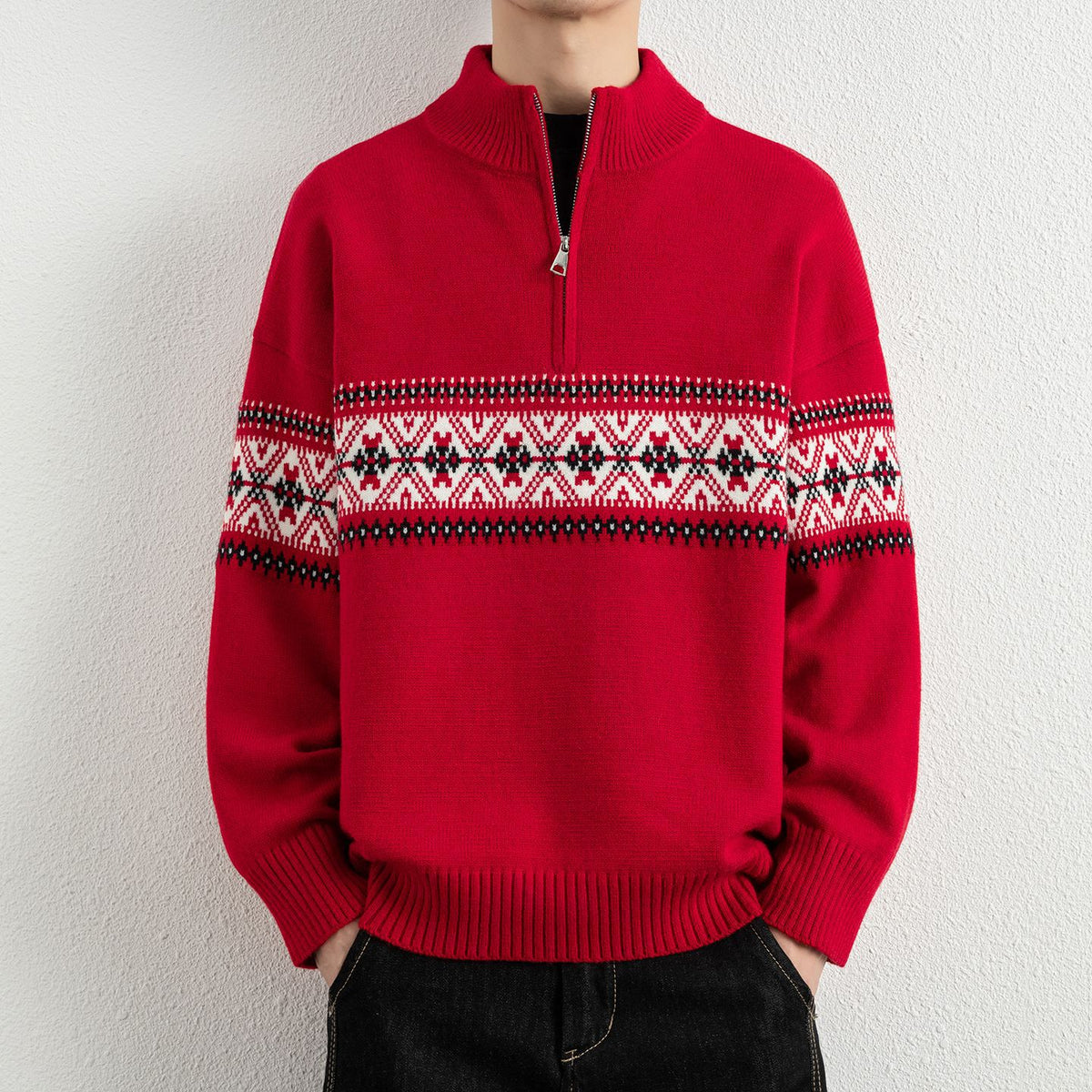 Men's Casual Ethnic Jacquard Stand Collar Half-Zip Knit Sweater